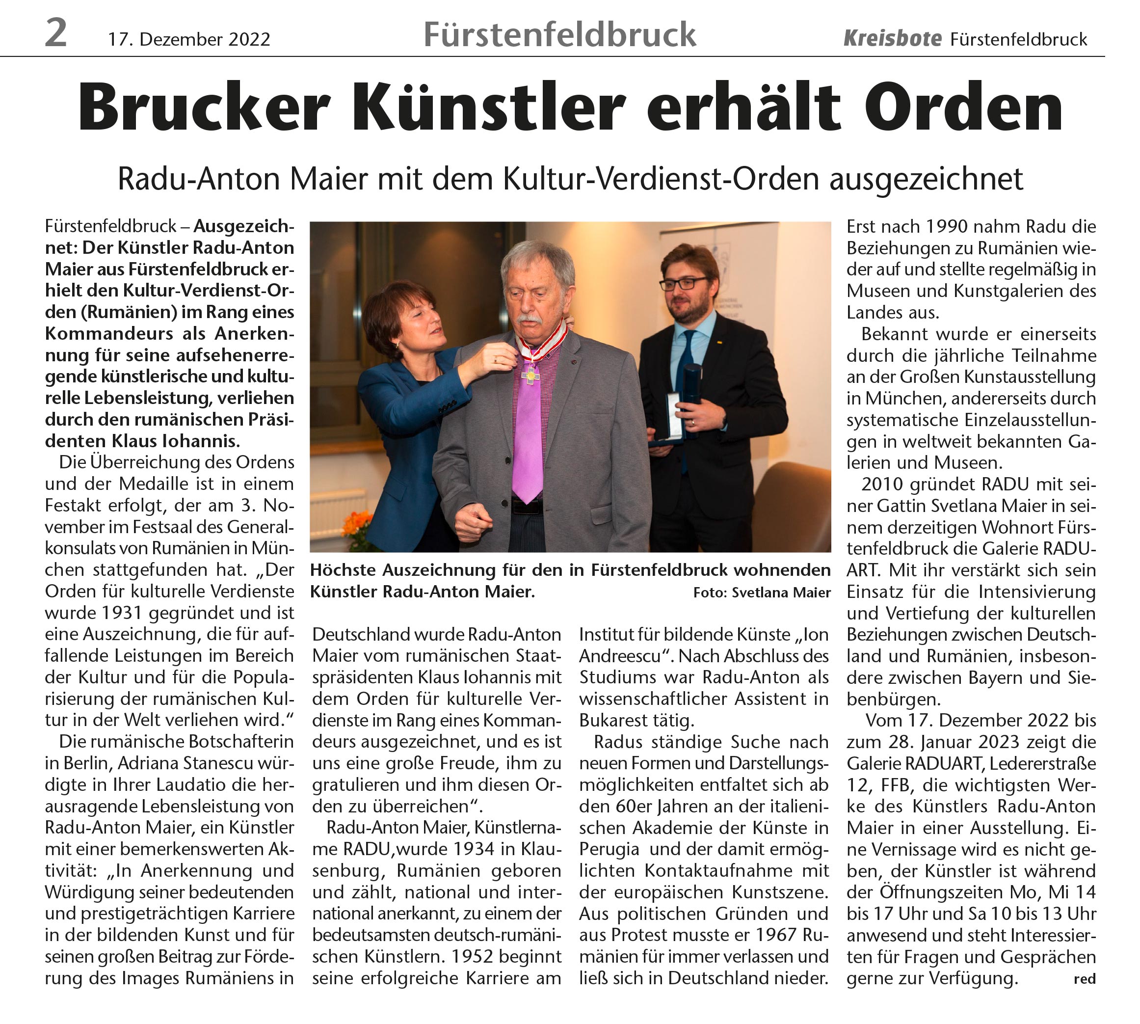 Kultur-Verdienst-Orden Brucker Künstler Radu-Anton Maier