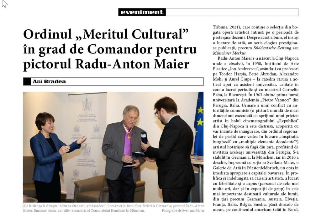 Ordinul "Meritul-Cultural" în grad de Comandor - pentru pictorul Radu-Anton Maier